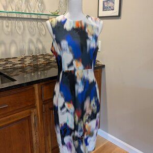 Lovely Calvin Klein Blue & Ivory Abstract Print Sleeveless Sheath Dress Size 8